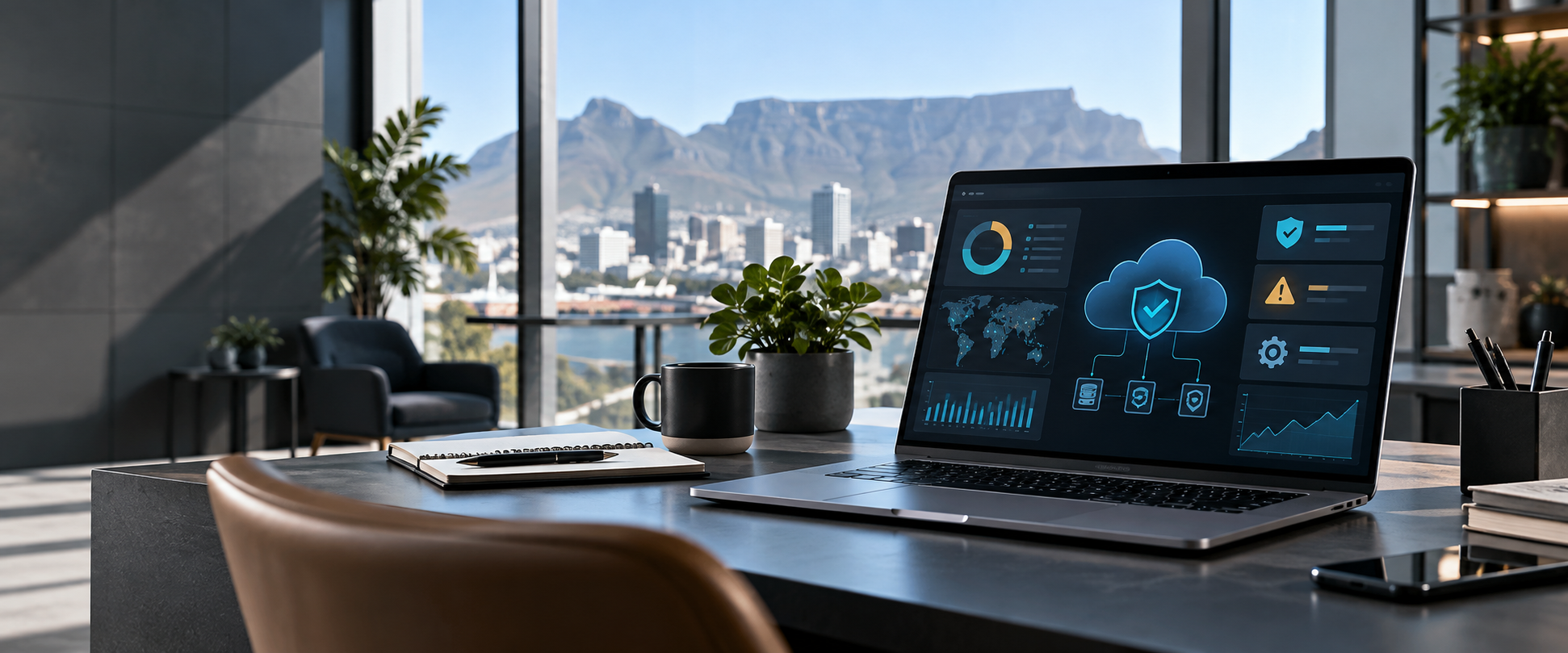 Laptop in a Cape Town office showing cloud security and compliance dashboard visuals